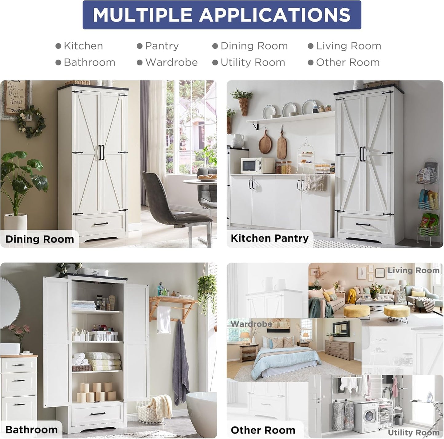 JXQTLINGMU Farmhouse Kitchen Pantry Cabinet - 72" Tall Wood Kitchen Storage Cabinets with Adjustable Shelves & 2 Barn Style Doors & Drawer, Versatile Storage for Dining Room, Bathroom, Antique White