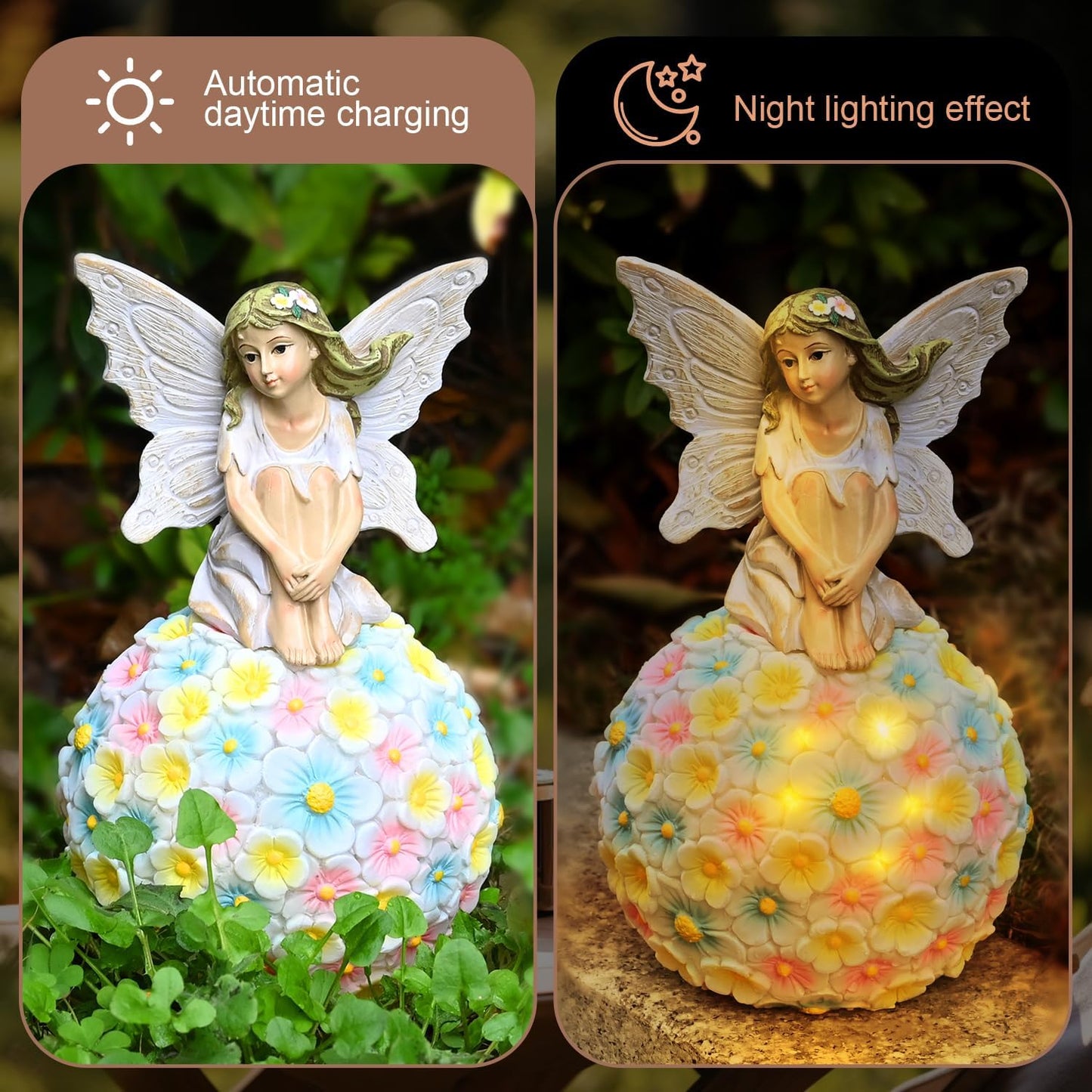 Solar Flower Fairy Garden Decor-Outdoor Fairy Statue-Garden Fairy Figurine Decor for Outside Patio Lawn Yard Porch Ornament,Resin Fairies Statues Decorations,Tall 7.8 Inches, White