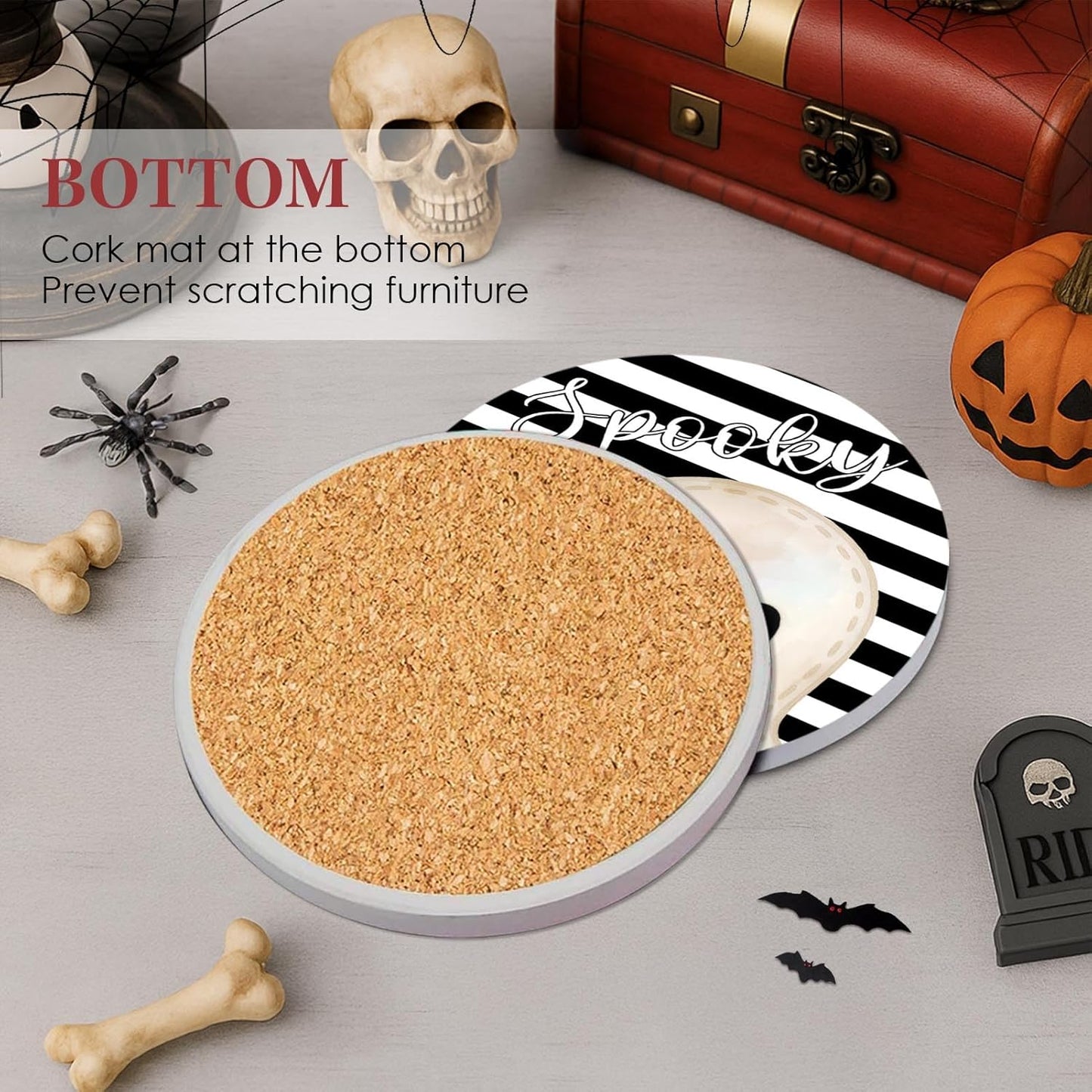 Coaster for Drinks Set of 6, Halloween Hey Boo Cute Ghost Spooky Black White Absorbent Round Ceramic Stone Mat, with Cork Base and Metal Holder, Gift for Housewarming Room Bar Decor