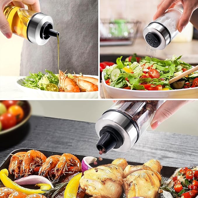 Mlici Oil and Vinegar Dispenser Set of 6 Bottles, Stainless Steel Salt Pepper Holder with 360° Rotating Holder, Cruet Soy Sauce - Premium Glass Condiment for Kitchen, Tabletop, Kitchen Containers