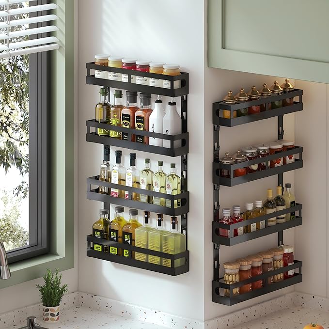 4-Tier Small Wall Mounted Spice Rack Organizer, Hanging Spice Shelf for Cabinet or Pantry, Height-Adjustable Seasoning Holder for Kitchen Storage, Black