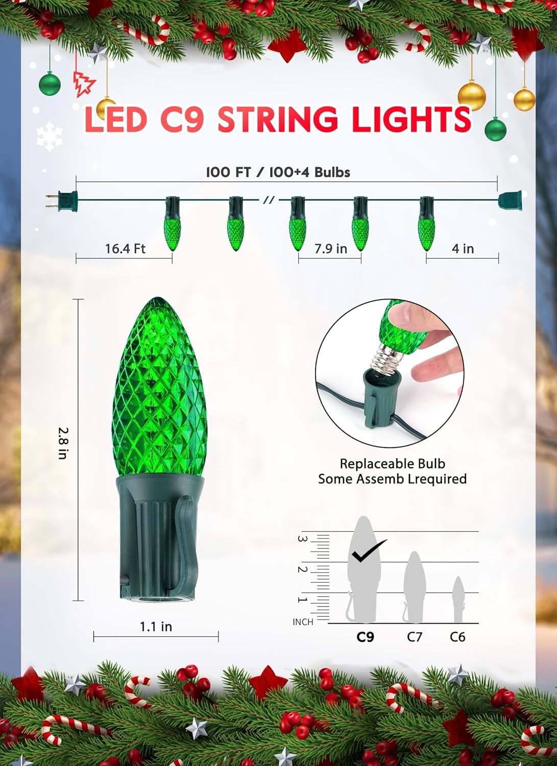 Minetom C9 Christmas String Lights, 100 Ft Green Outdoor Christmas Lights With 100 Strawberry LED Bulbs, Connectable UL Certified for Outdoor Indoor Roofline Holiday Backyard Xmas Decor