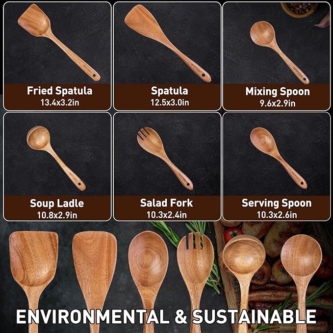 Wooden Spoons - Wooden Spoons for Cooking,Natural Wooden Kitchen Utensils Set Non Toxic,6-Piece Wooden Cooking Utensils(A06)