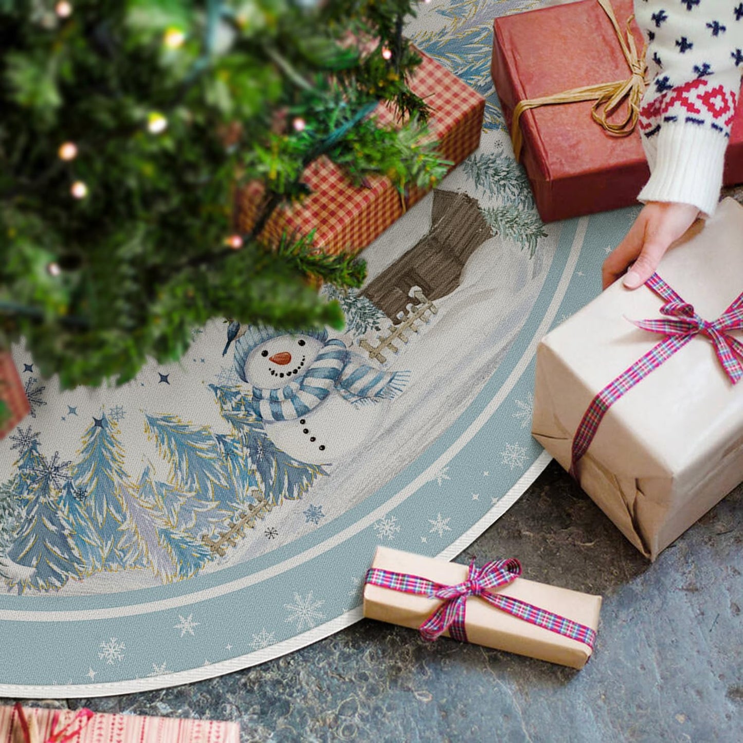 AVOIN colorlife Snowflake Snowman Cardinal Christmas Tree Skirt 48 Inch, Winter Holiday Tree Mat Decoration