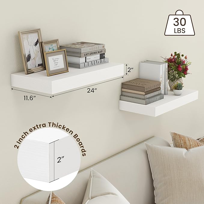 Deep Floating Shelves, 24''W x 12''D Floating Shelves White Set of 2, 12 Inch Deep Large Wood Shelves for Books Living Room Bathroom Laundry Room Bedroom Kitchen Home Office - White