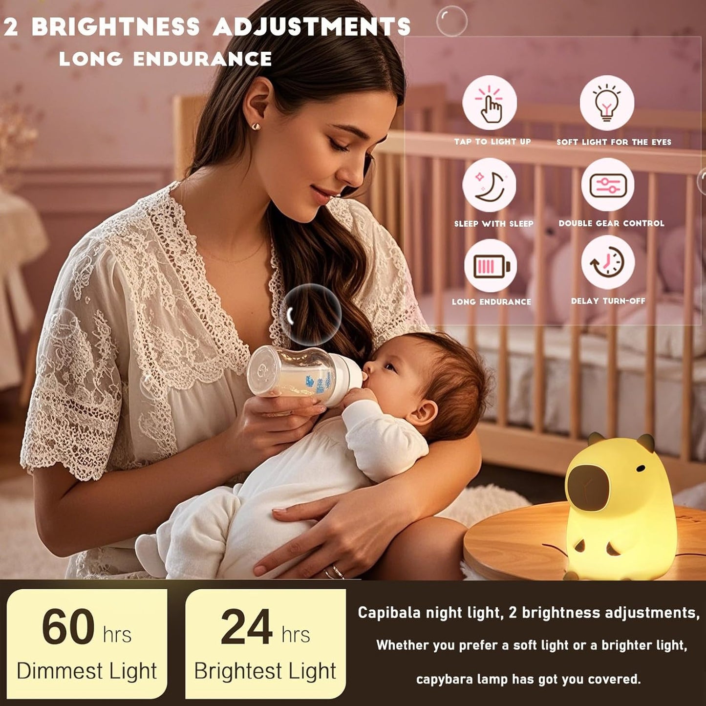 Cute Capybara Night Light,LED Squishy Animal Night Lamp,Soft Silicone Novelty Nightlight,Kids Funny Capybara Lamp Gifts,2 Level Dimmable Boys Girls Light Up Room Décor Rechargeable Touch Lamp