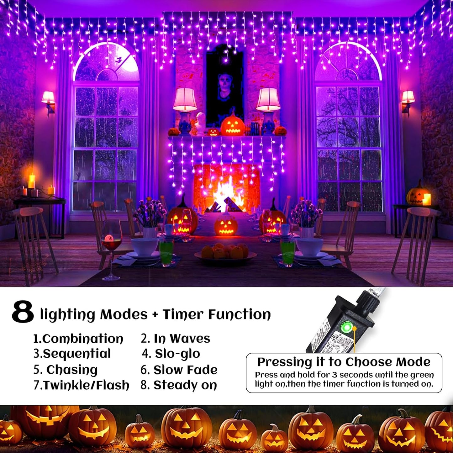 66ft Purple Halloween Lights Outdoor Indoor, 640 LED Icicle Lights for Outside Twinkle Christmas Lights with 120 Drops Clear Wire Timer 8 Modes for House Party Tree Yard Patio Eaves Holiday Decoration