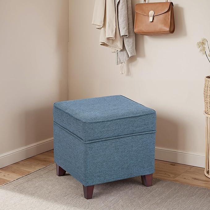 Adeco 17" Square Ottoman with Storage, Small Blue Storage Ottoman Foot Rest with Hinged Lid & Solid Wood Legs, Linen Fabric Foot Stool for Living Room & Bedroom