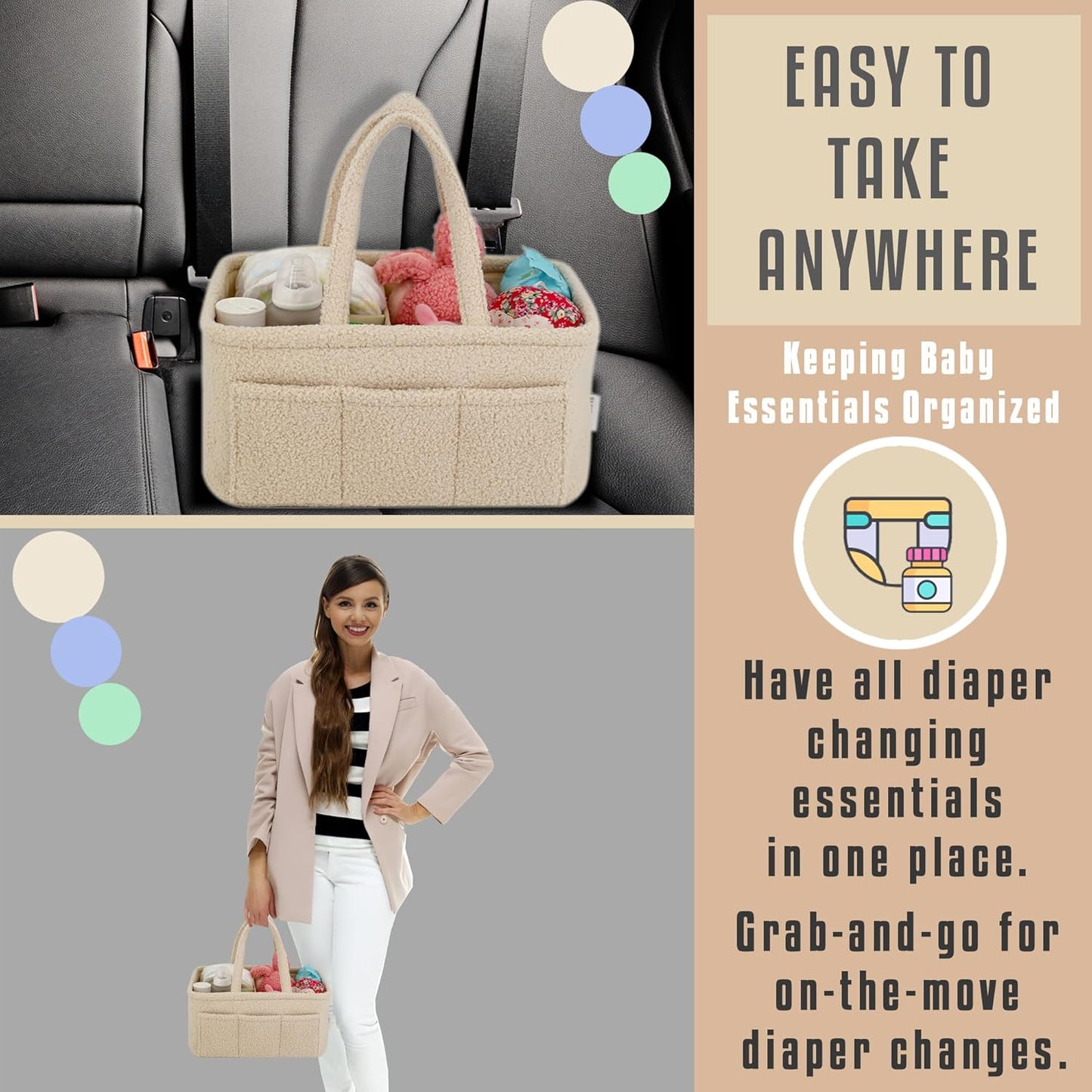 Baby Diaper Caddy Organizer – Soft Beige Sherpa with 3 Removable Compartments & 6 Side Pockets – Perfect Nursery Storage Bin & Car Organizer for Diapers, Baby Wipes, and Essential Supplies.