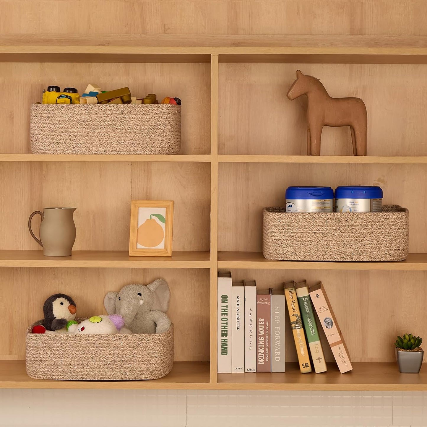 Large Shallow Organizing Baskets 15x11x5.1 Inches - Rope Woven Storage Bins for Bathroom, Shelves, Cube Closet, Mixed Brown 2 Packs
