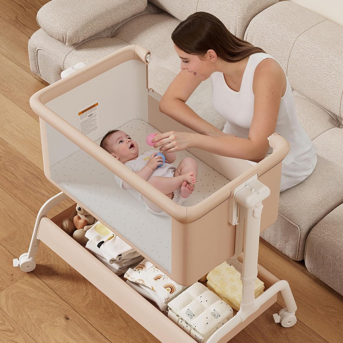 3-in-1 Baby Bassinet, Rocking Bassinet, Bedside Bassinet for Baby, Stable and Secure Bassinet Bedside Sleeper for Newborn & Infant, 6 Height Adjustable with Wheels, Mattress & Breathable Mesh (Khaki)