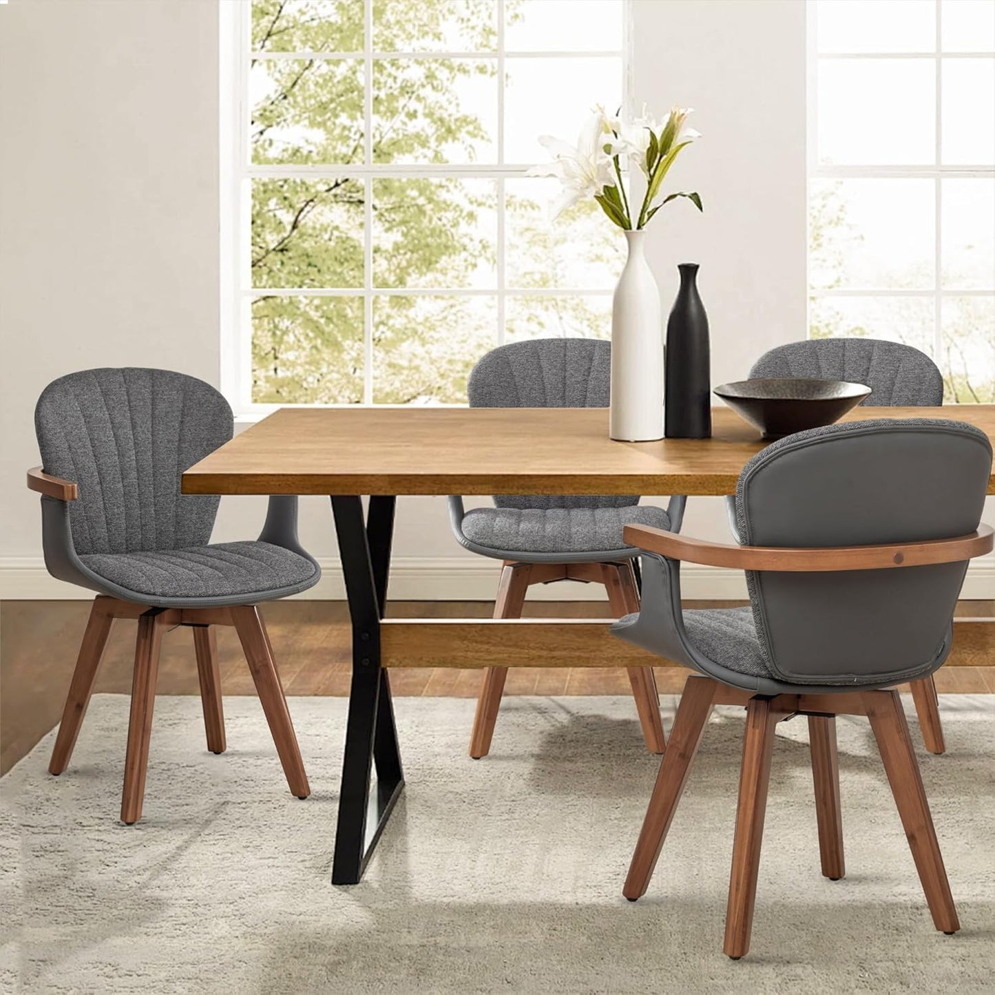 LUNLING Swivel Dining Chairs Set of 4, Mid Century Modern Gray Fabric+Faux Leather Kitchen Chairs with Arms,Bamboo Legs Side Chairs No Wheels,Accent Chair for Dining Rooms and Offices(Gray Fabric)