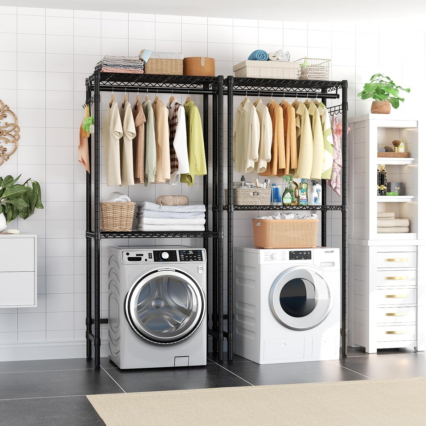 Over Washer and Dryer Shelves,2 Tier Adjustable Height Wire Shelving Laundry Room Storage Organization Clothes Drying Rack with Hanger Rod&Hooks,Space Saving Organizers Shelf,Black