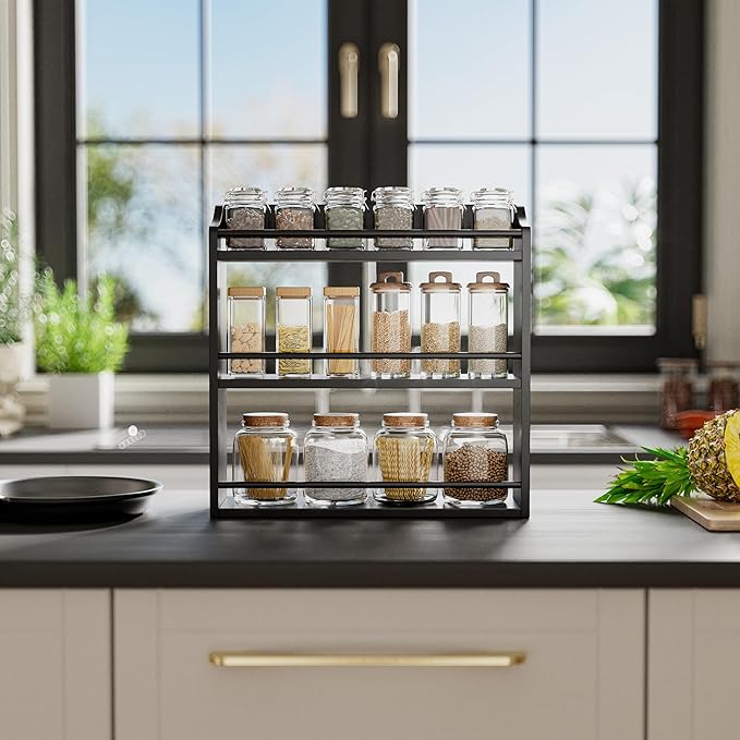 Bamboo Spice Rack Wall Mount or Tabletop Holder, 3-Tier Shelf for Seasoning Bottles Organizer, Medicine Holder (Black)