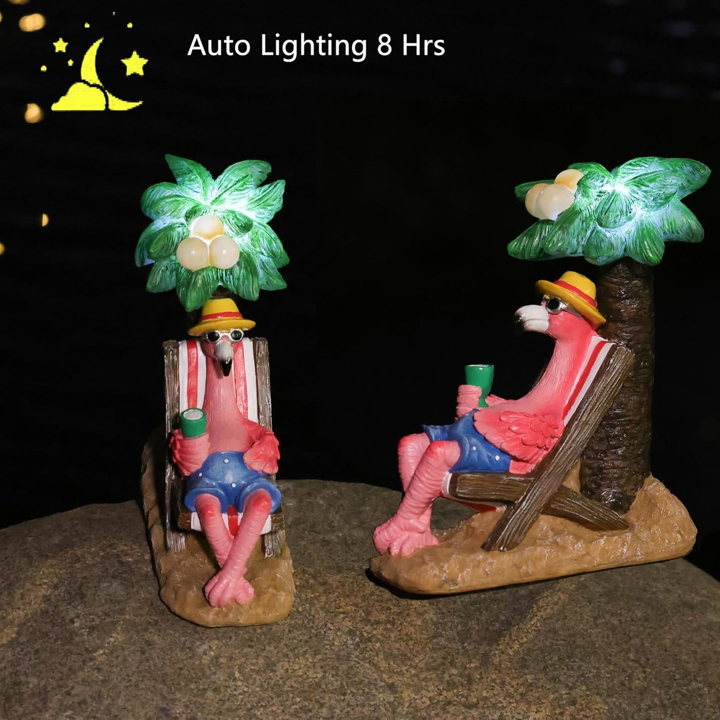 Pink Flamingos for Yard-Solar Garden Statues Gifts - Flamingos on Beach Vacation Light up Coconut Tree for Outdoor Lawn Yard Decor