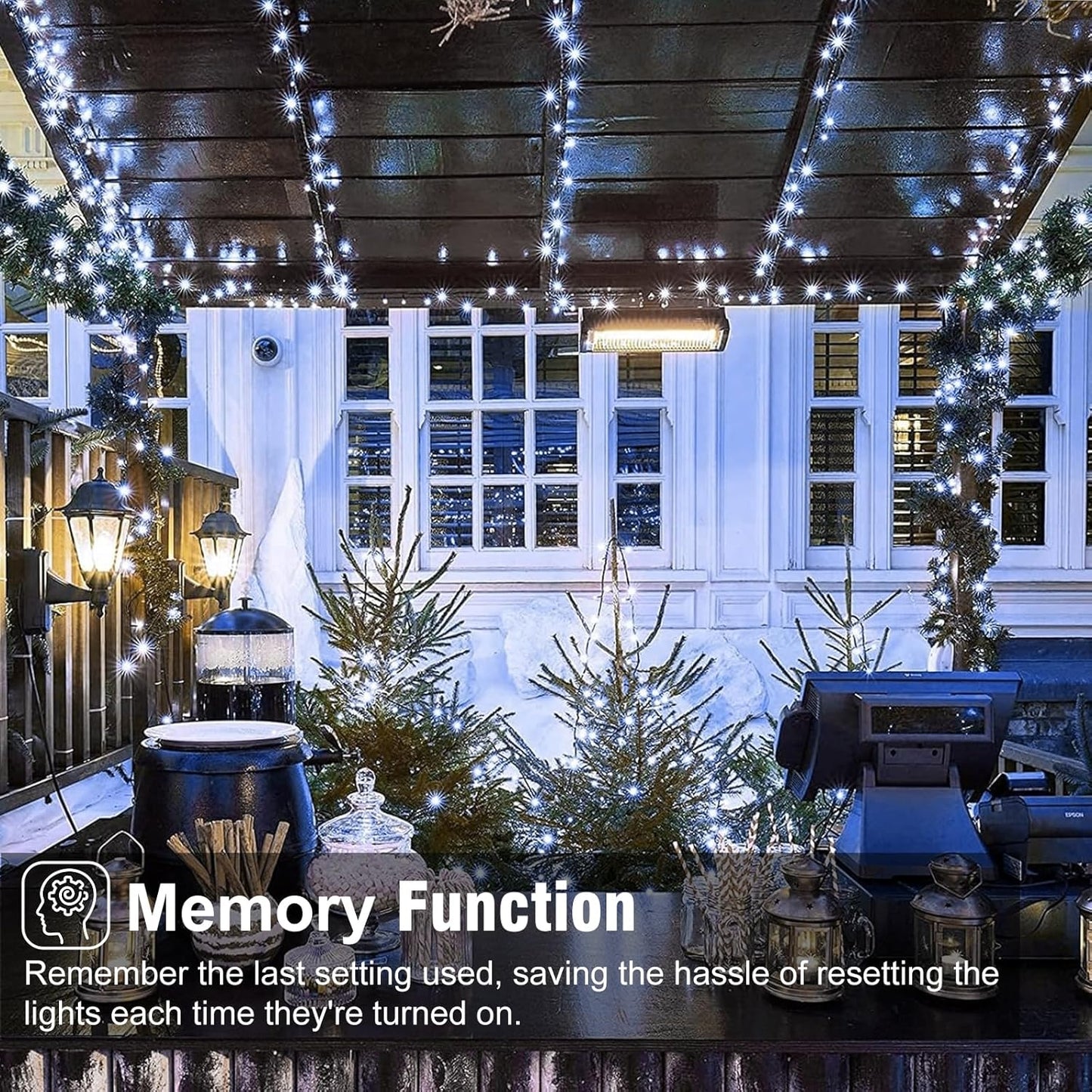 Christmas Lights Outdoor, 66FT 200 LED White Christmas Tree Lights with 8 Modes Waterproof, Plug in Green Wire Connectable String Light for Indoor House Patio Wedding Party Decorations