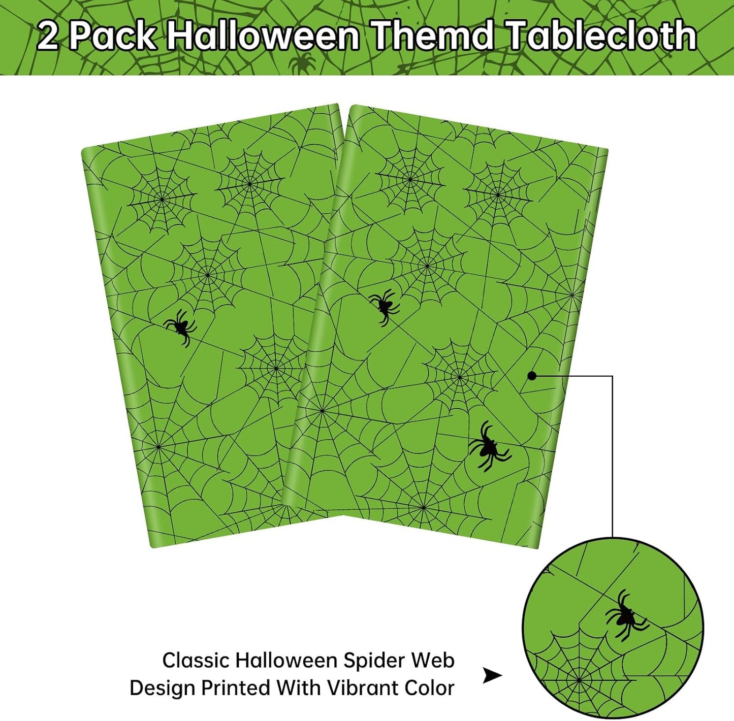 2 Pcs Halloween Tablecloth - Plastic Halloweens Spider Webs Table Cloth, Green Disposable Rectangle Spiderweb Table Cover for Halloween Party Decorations Supplies Favors Tables Decor, 108 x 54 Inch