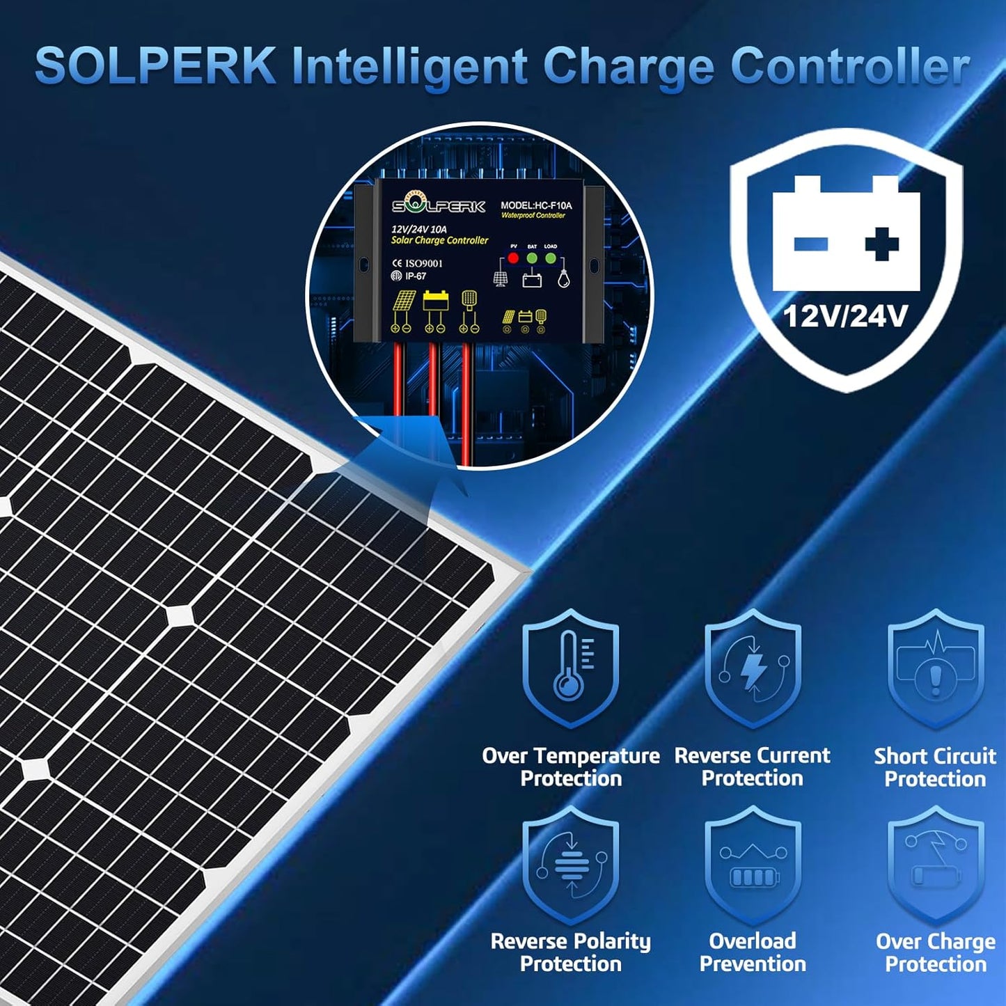 SOLPERK Solar Panel Kit 50W 12V, Solar Battery Trickle Charger Maintainer with Upgrade Waterproof Controller for Boat Car RV Motorcycle Marine Automotive (Without Mounting Bracket)