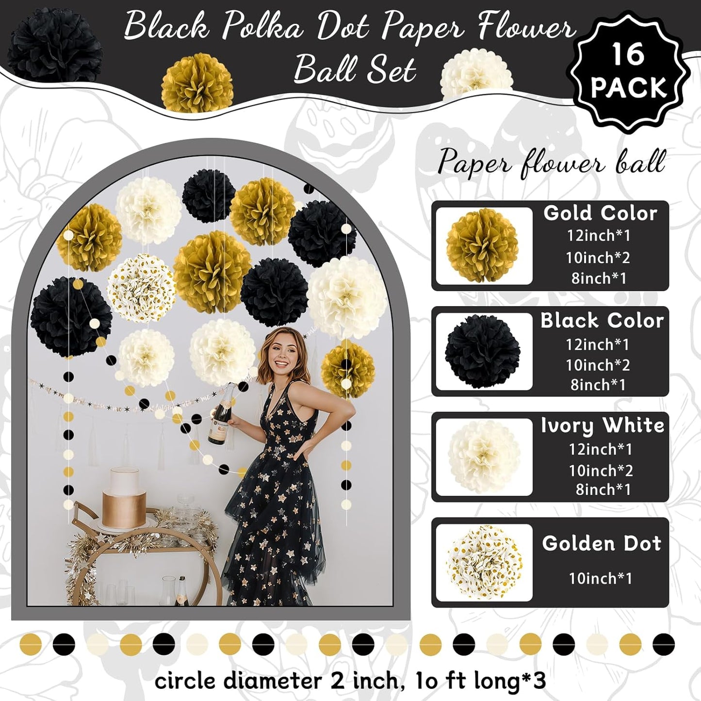 Black and Gold Party Decorations, 16 PCS Tissue Paper Pom Poms Dots Paper Garland Kit for New Year Party, Graduation, Wedding, Birthday, Engagement, Baby Shower, Retirement Party Decor