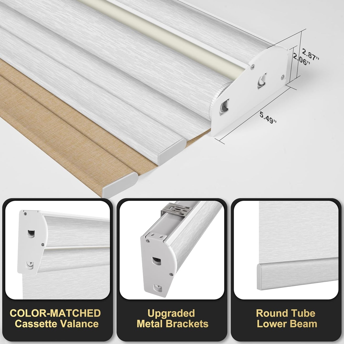 BERISSA Cordless Dual Roller Shades with Cassette Valance, Blackout and Light Filtering Shades, Day and Night for Home, Office and Door. Linen Beige and White. 34 W x 72" H