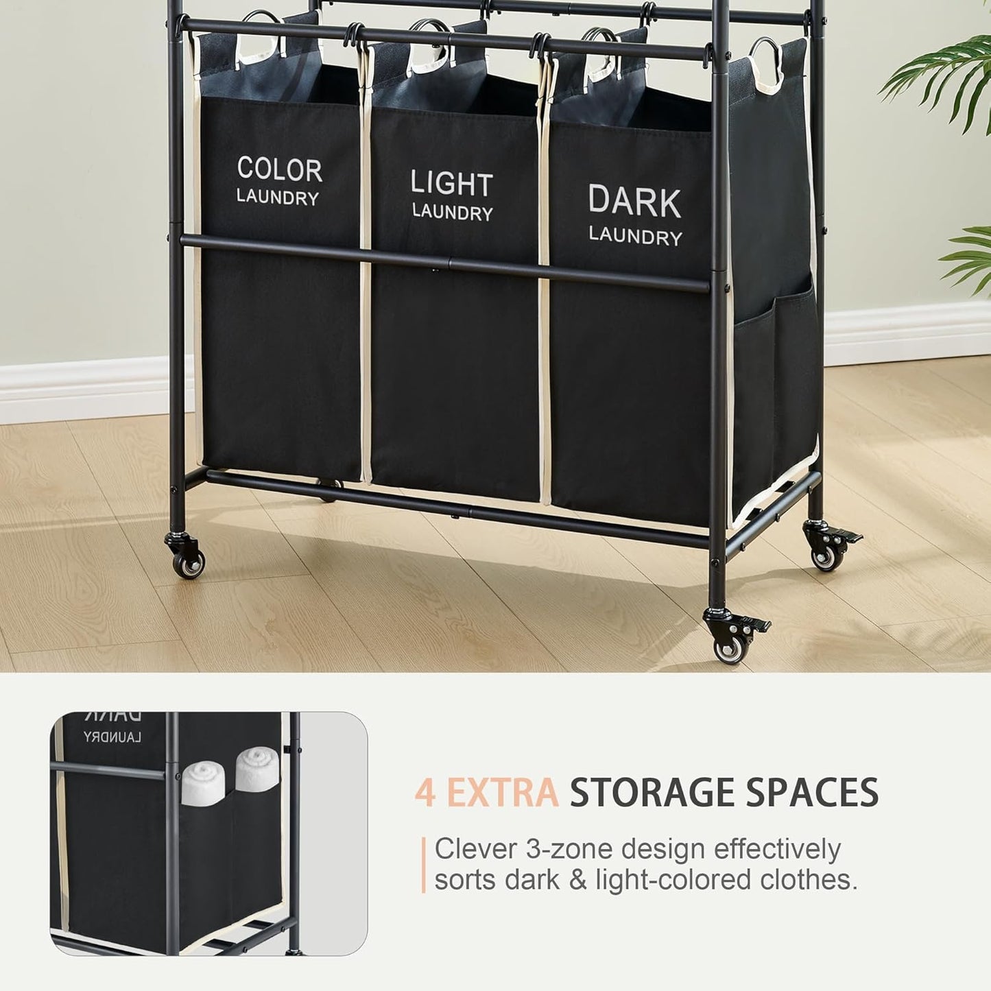 Laundry Sorter 3 Section,Laundry Hamper Cart with Hanging Rack & Removable Bags,Heavy Duty Laundry Basket with Wheels & 2 Tier Shelf,Space-Saving Laundry Basket Organizer for Laundry Room