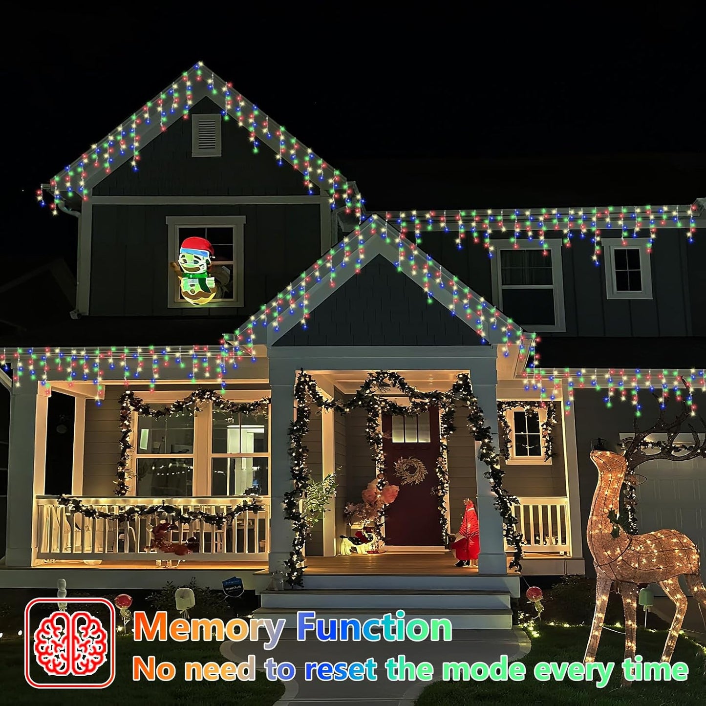 QITONG Multicolor Icicle Christmas Lights Outdoor, 33ft 400 LED Icicle Lights Indoor, Clear Wire Connectable String Lights Plug in with 8 Modes