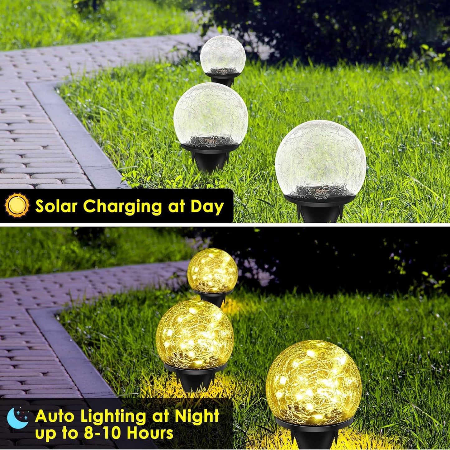 Solar Garden Lights, 4 Pack 120 LED Warm White Cracked Glass Outdoor Decorative, Upgraded Waterproof Ball for Yard Pathway Patio Lawn Christmas Outside Decor, 3.94"