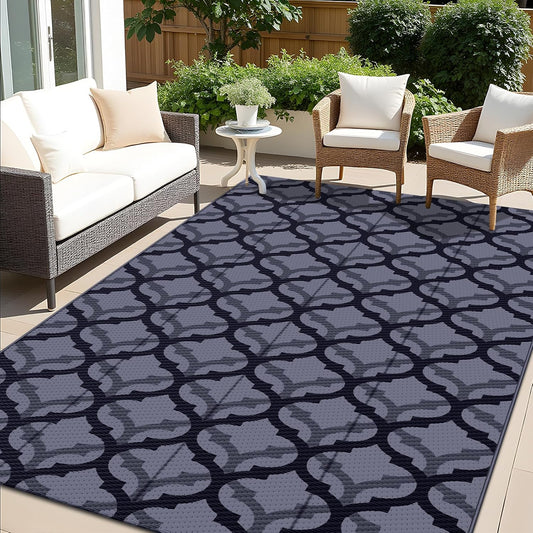OLANLY Reversible Outdoor Rug 5x8 ft Clearance, Waterproof Outdoor Plastic Straw Rug with Interlacing Pattern, RV Mat for Patio, Camping, Balcony, Deck, Backyard, Black & Grey