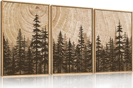 Celestdeco Pine Tree Framed Canvas Wall Art Set, Natural Woodland Landscape Wall Decor, Large Retro Forest Painting, Vintage Brown Artwork for Living Room, Bedroom, Kitchen, Study, Office - 24"x36"x3