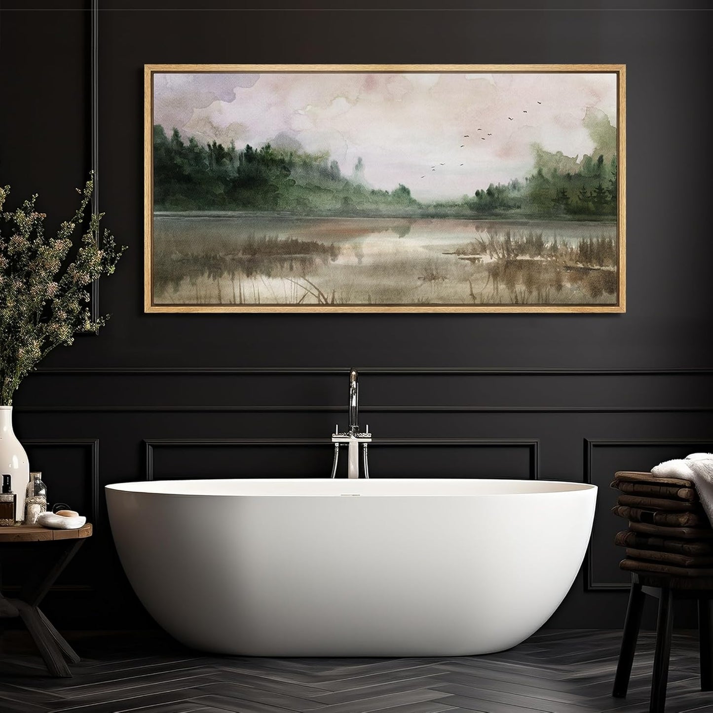 MUDECOR Extra Large Framed Canvas Print Wall Art Tranquil Lake Reflections Nature Landscape Illustrations Antique Retro Fine Art Illustrations Decorative Colorful for Bedroom - 60"x30"