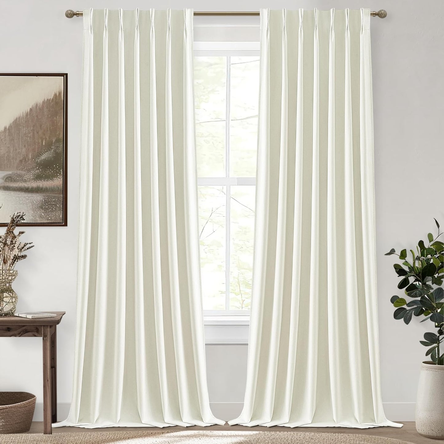 Custom Long 105 Inch Curtains Blackout for Living Room 2 Panels Set Pinch Pleated Noise Cancelling, Modern Cream White 105 Inch Linen Thermal Window Drapes for Winter 40" Wx105 Lx2