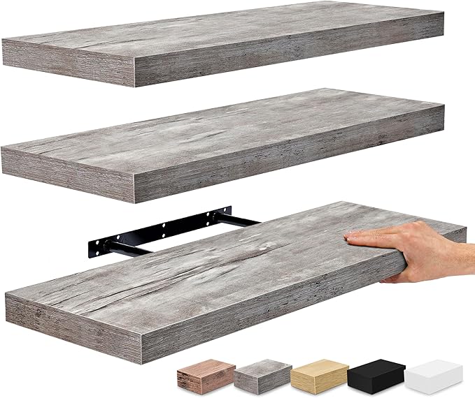 Sorbus Floating Shelves for Wall - 24" Bathroom Shelves, Wall Decor for Bedroom, Kitchen, Living Room, Home Decor & Book Storage - Mounted Floating Shelf with Invisible Brackets (Gray, 3 Pack)