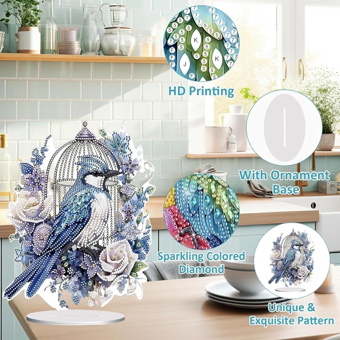 Diamond Painting Kits for Adults Beginners, 5D Full Drill Bird Crystal Art Desktop Ornament, DIY Single Sided Home Office Desk Decor, Creative Craft Gift Set with Tools
