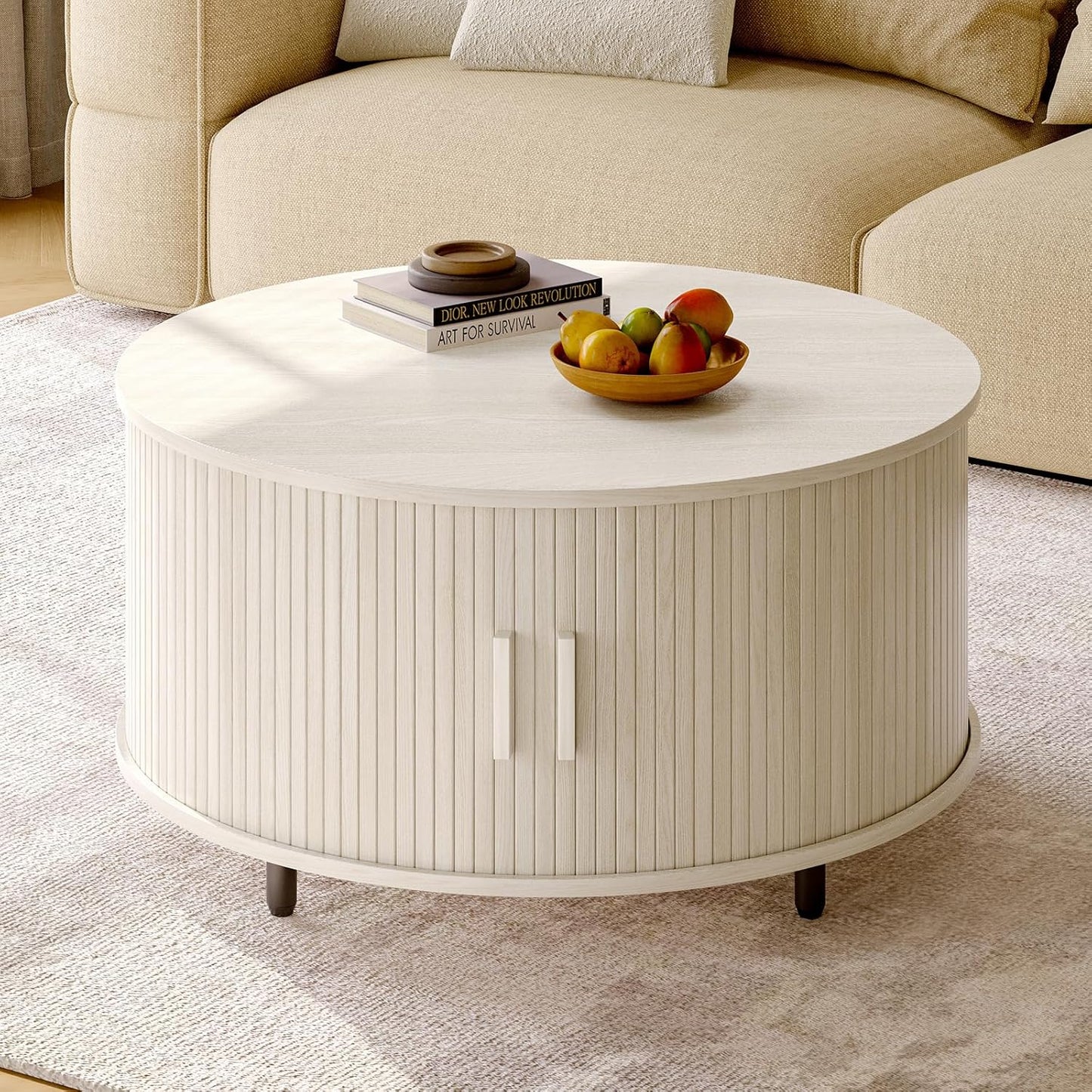 Round Coffee Table with Storage, 31.5" Modern Coffee Table with 360° Curved Sliding Door, Fluted Wood Coffee Table with Adjustable Footpads, Round Center Table for Living Room, Natural White