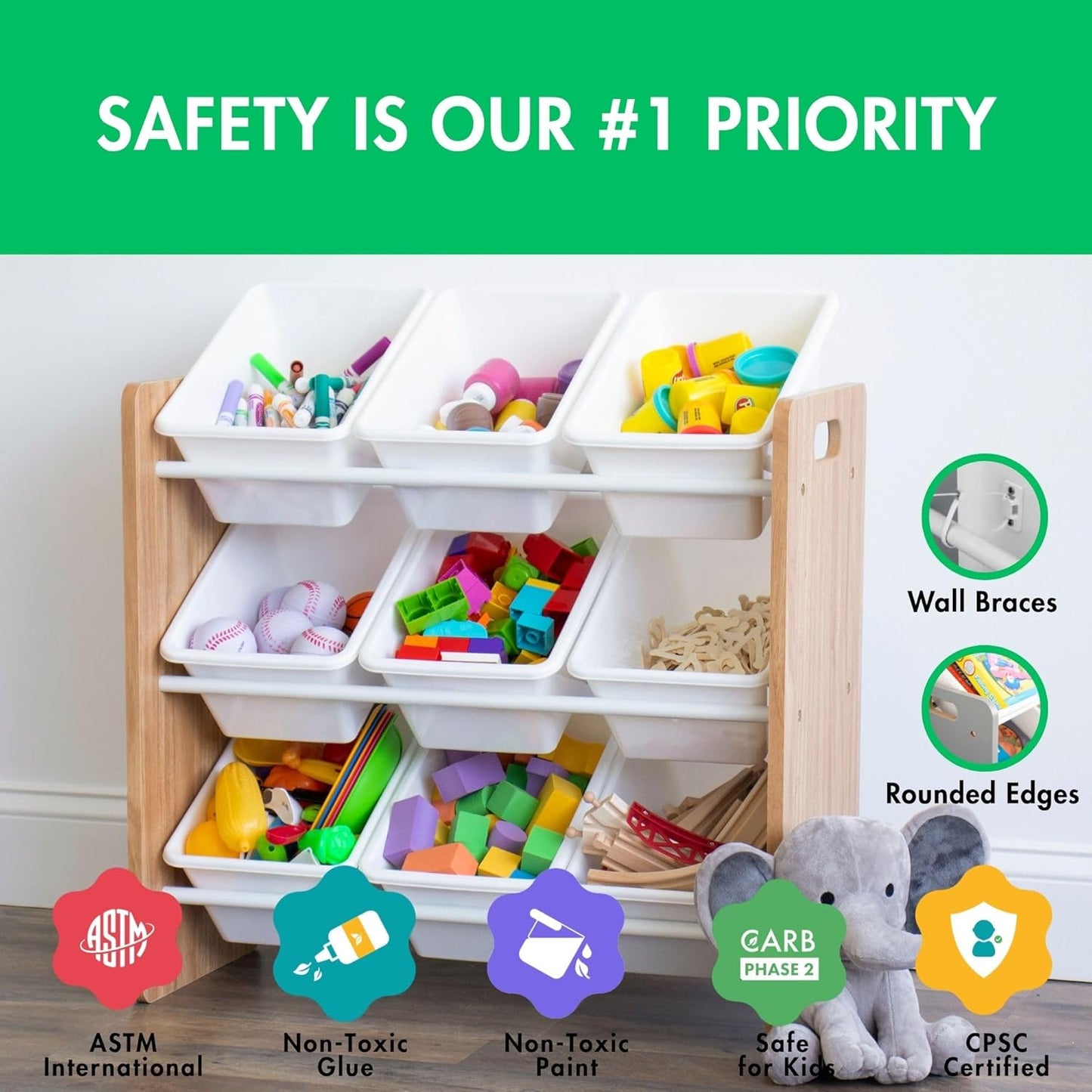 Humble Crew 9-Bin Toy Organizer – Journey Natural Wood with White Plastic Bins, 3-Tier Storage Solution for Kids' Playrooms and Nurseries