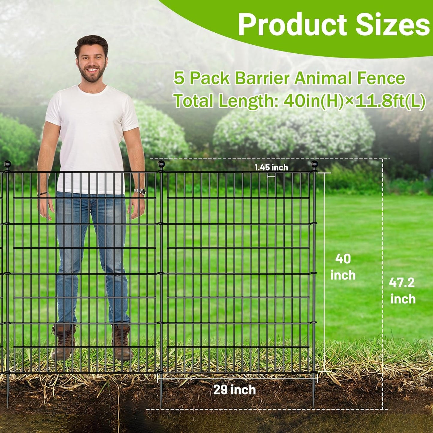 5 Panels No Dig Decorative Outdoor Garden Fence with Gate for Yard, 40 in(H) X 11.8 ft(L) Animal Barrier Fencing Rustproof Metal Wire Panel Border for Dog, Rabbits, and Patio Temporary Ground Stakes