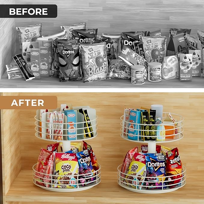 Snack Organizer - Versatile Snack Storage 2 Tier Lazy Susan with Convenient Grab-and-Go Design, Metal Snack Holder for Home, Office, Breakroom, 12.13" L x 12.13" W x 12.56" H (Matte White)