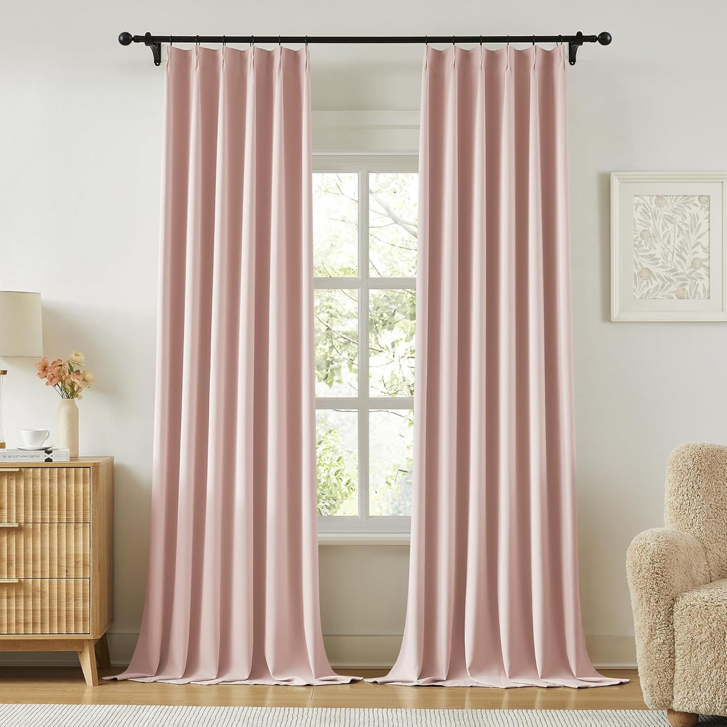 KangBang Soft Pink Blackout Pleated Curtains with Hooks for Living Room, Energy Saving Window Treatment Privacy Draperies for Bedroom Dorm, Vertical Track System Elegant Hook Panels 2 PCs, 40x108
