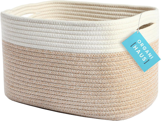 OrganiHaus Woven Storage Baskets for Organizing, Cotton Rope Organizer Bins for Shelves, Closet & Nursery, Dog Toy Basket, Decorative Bins for Toys, Towels & Books - 15x10x9, Light Honey