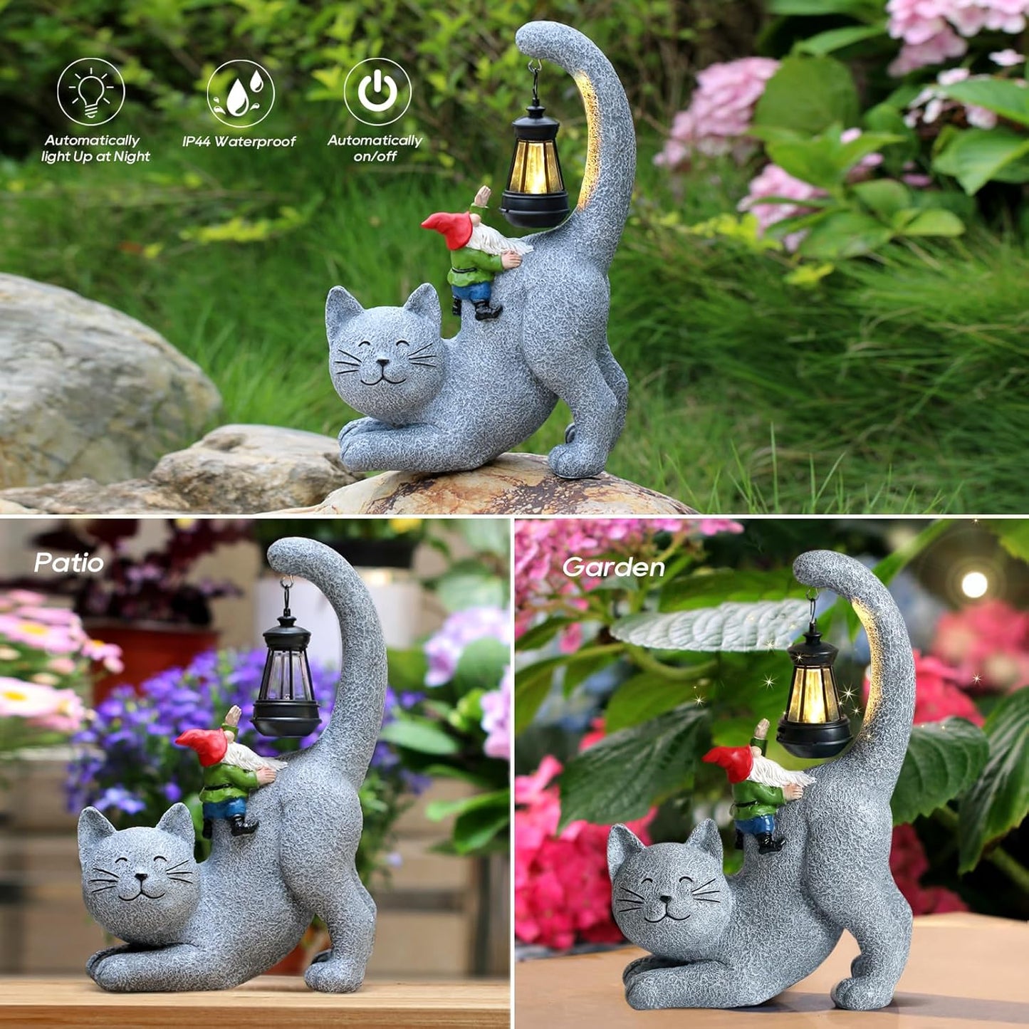 Snowrabbit Cat Statue Garden Decor with Funny Gnome Figurine & Solar Lantern, Motherday Gifts for Mom,Birthday Gift for Women,Cat Statues for Garden,Patio,Yard Decoration, Gray, SR-C-003