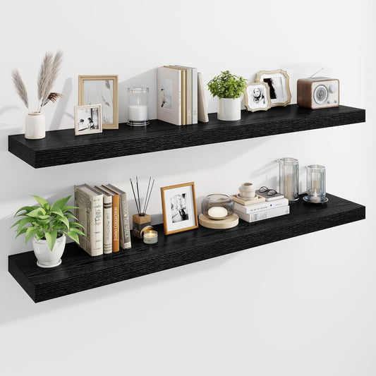 Marsmiles 55" Floating Shelves for Wall, Wooden Shelves with Invisible Brackets Set of 2, Rustic Farmhouse Wall Mounted Shelf for Kitchen Bathroom Living Room Study, Black