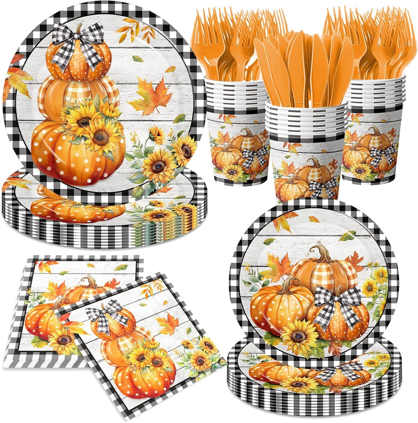 Fall Party Decorations,144Pcs Fall Thanksgiving Tableware Set Includes Plates,Napkins,Knife,Fork Black and White Buffalo Plaid Pumpkin Theme Decorations for Autumn Harvest,Thanksgiving Day