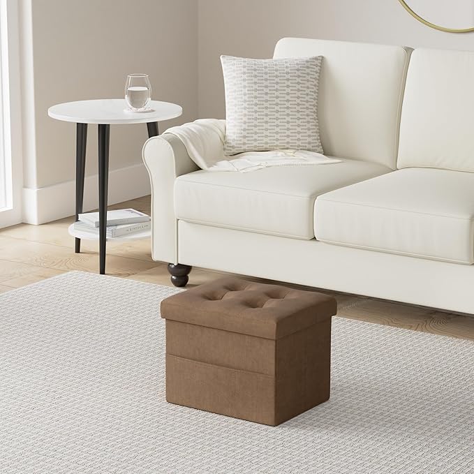 LINMAGCO Storage Ottoman Folding Foot Stool Foot Rest with Side Pocket Modern Ottoman with Storage Short Sofa Stool Linen Cloth 17x13x13(Brown)