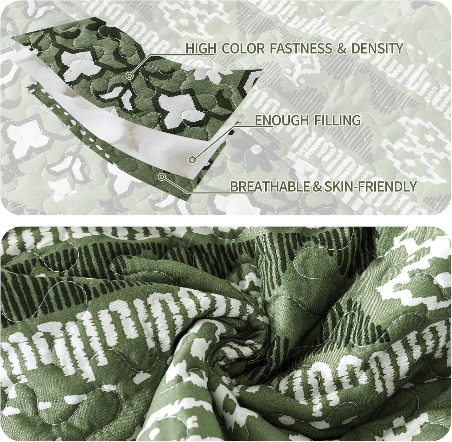 VAPUTAR Reversible Quilt Bedding Set - Queen Size (90 * 98 in) - All-Season Lightweight Coverlet with Boho Stripe Pattern, Boho Bedspread Sets, 3 Pieces/Green