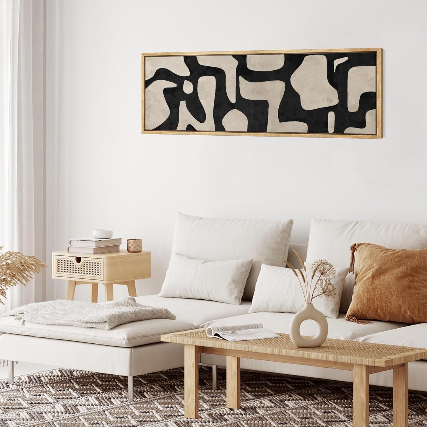 MUDECOR Large Framed Canvas Print Wall Art Abstract Contours Black and White Illustrations Antique Retro Fine Art Illustrations Decorative Colorful for Bedroom - 60"x20"