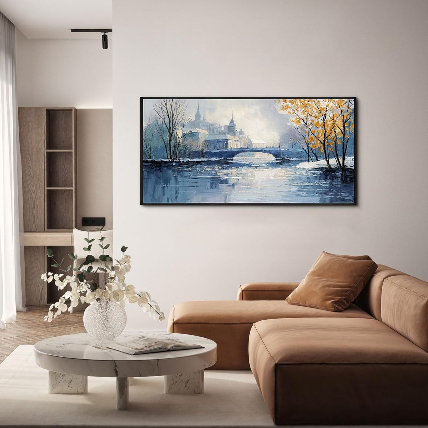 yiijeah Paintings Wall Decor - Wall Frames for Living Room Decorations Abstract Canvas Wall Art Blue and White Extra Large Artwork for Bedroom Office Home Decoration