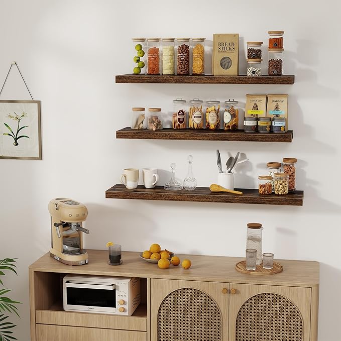 Fun Memories 36 x 8 Inch Floating Shelves for Wall, Farmhouse Bathroom Shelves Set of 2, Wood Wall Shelves 36 Inch Long, 36 x 8 x 1.4 Inch, Rustic Brown