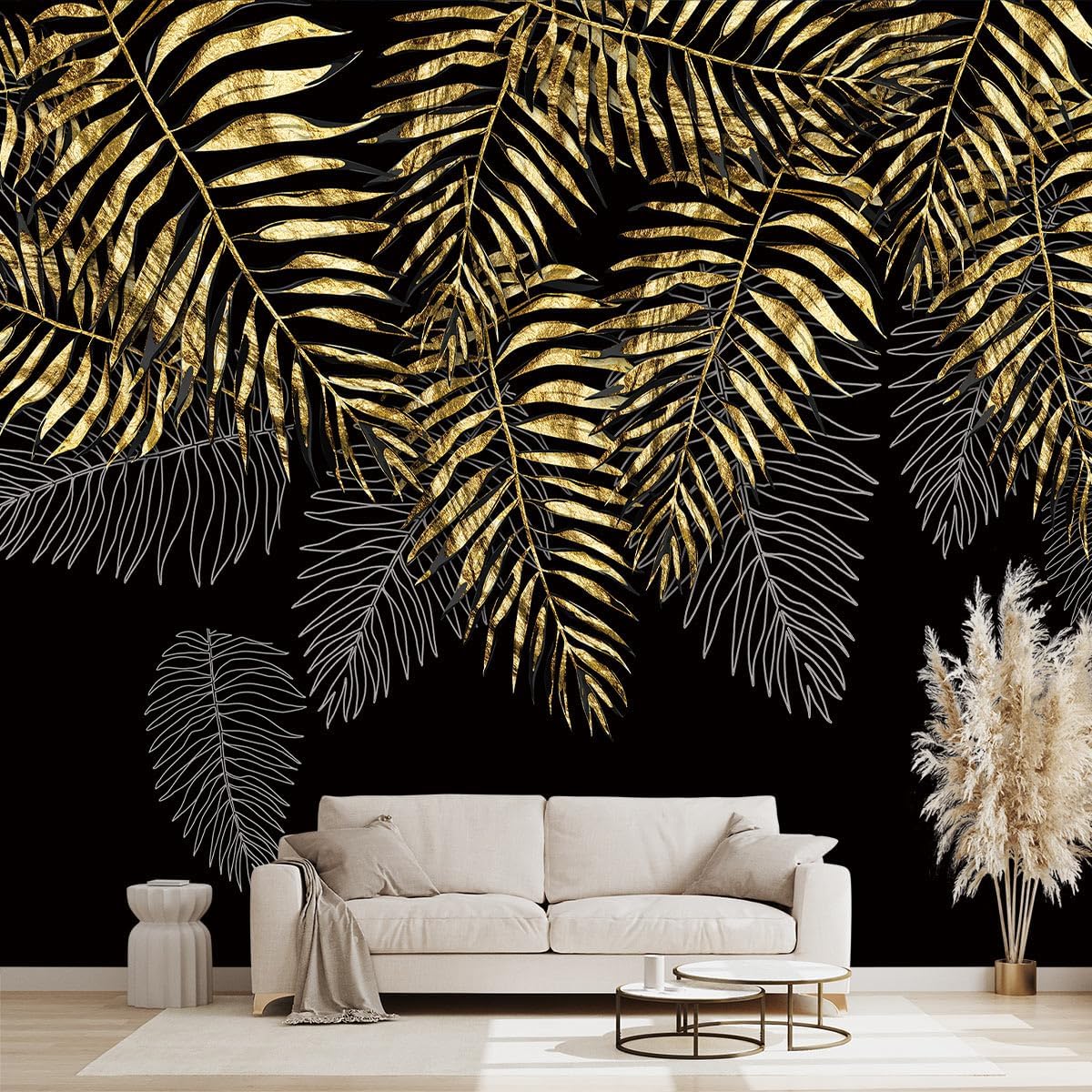 Black and Gold Leaf Mural Bedroom Tropical Botanical Wallpaper Room Plant Decor Living Room tv Background Large Wall Mural - 137"x96" (Not Peel and Stick)