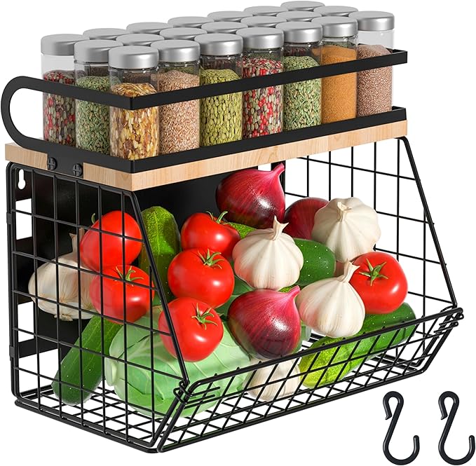 Magnetic Spice Rack for Refrigerator, Fruit, Potato & Onion Storage Bin,Large Capacity Magnetic Shelves for Side of Refrigerator, Kitchen Organizers and Storage Countertop,1 Pack Black