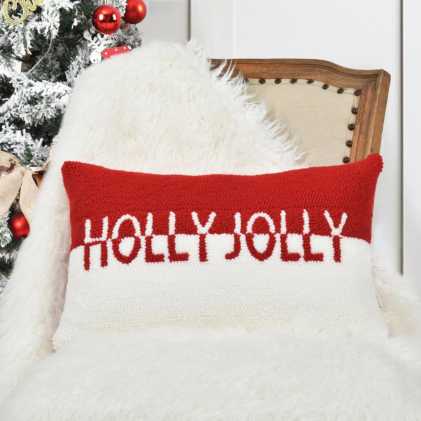 Holly Jolly Christmas Pillow Covers 12x20, Hooked Wool Embroidered Christmas Throw Pillow Covers Christmas Decorations Holiday Pillows for Home Couch,Red White